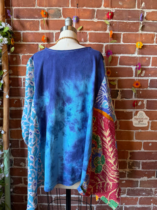 OOAK Summer Collection- Upcycled Pink Floyd Tie Dye Inspired Vintage Butterfly Patch Kantha Poncho Tee