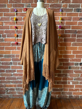 Earthy Mama Long Brown Fringe Poncho With Pockets