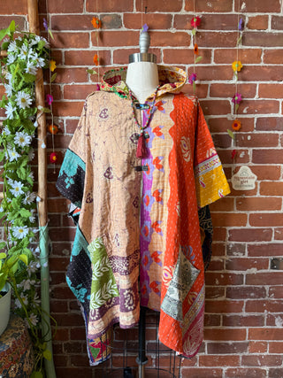 Mystery Print Autumn Sunset Patchwork Upcycled Kantha Hoodie Poncho Jacket- Fair Trade Made