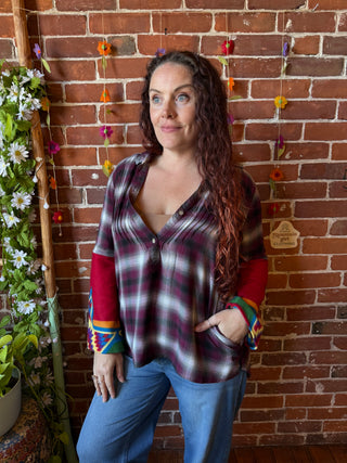OOAK Autumn Collection- Size XS Upcycled Fleece Bell Sleeve Button Up Plaid