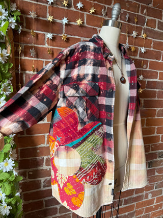 OOAK Autumn Collection - Unisex Size Medium Upcycled Flower Patchwork Bleach Button Up Flannel