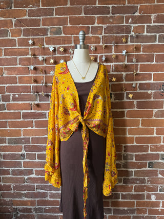 Golden Yellow Sun, Moon + Stars Celestial Cropped Bell Sleeve Wrap Top