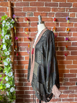 Autumn Stroll Patchwork Batwing Sleeve Kimono Layer - Dark Earth Tones