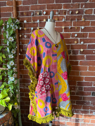 Sierra Dreams Upcycled Cotton Kantha Poncho Tunic Top with Pockets