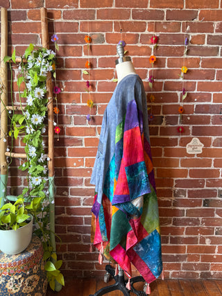 Peace Patch Upcycled Silk Patchwork Tie Dye Hi Lo Poncho Top