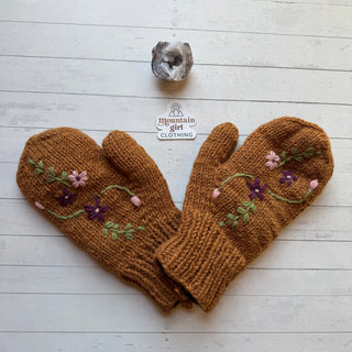 Floral Vine Fleece Lined Wool Mittens / Gloves - Fair Trade Made-Final Sale
