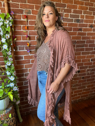 100% Cotton Gauze Boho Fringe Kimono Layer - Blush