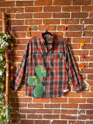 OOAK Autumn Collection- Unisex Size Upcycled Kantha Detail Button Up Plaid "No Bad Days"