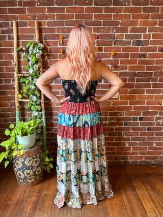 Sunlit Grove Tiered Patchwork Hi Lo Recycled Sari Dress