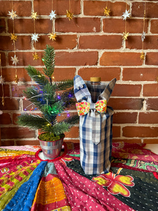 Mystery Upcycled Plaid Wine Bottle Gift Bag with Bow