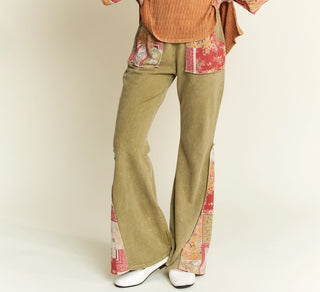 Bohemian Autumn Days Bandana Patchwork Bell Bottom Pants - Sage