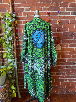Grateful Dead Inspired Upcycled Green Mandala Long Tapestry Robe Kimono with Pockets and Belt