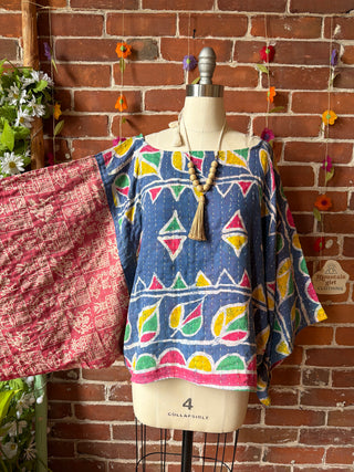 OOAK Summer Collection - Reversible Cosmic Drift Kantha Poncho Top - 2 Tops in 1!