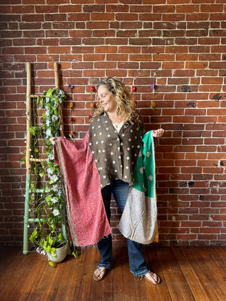 Upcycled Embroidered Button Up Hi Lo Kantha Poncho Top