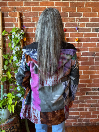 Autumn Stroll Tie Dye Fleece Lined Patchwork Hoodie Jacket