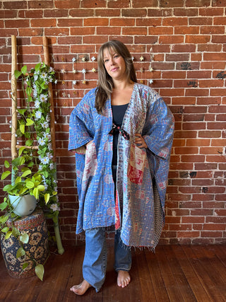 OOAK Autumn Collection-Reversible Stardust Kantha Ruana Jacket With Pockets