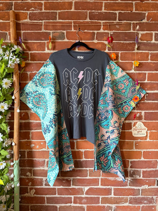 OOAK Autumn Collection- Upcycled AC/DC Inspired Paisley Hi Lo Poncho Tee