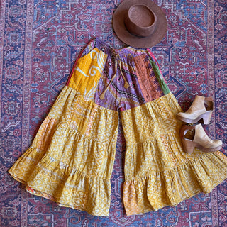 Spring Blooms Reversible Kantha Wide Leg Tiered Palazzo Pants