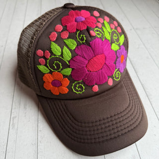 Hand Embroidered Trucker Flower Hat - Brown
