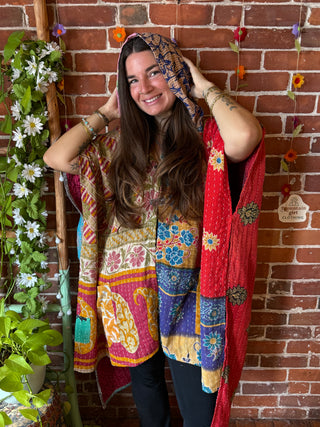 Mystery Print Autumn Sunset Patchwork Upcycled Kantha Hoodie Poncho Jacket- Fair Trade Made