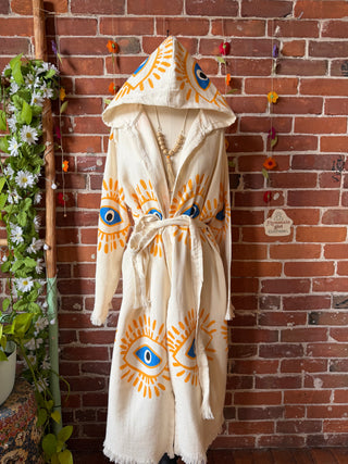Evil Eye Golden/Blue 100% Cotton Hoodie Kimono Robe  - Fair Trade Made