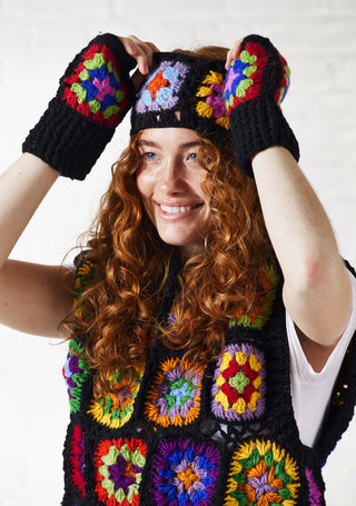 Granny Square Wool Boho Hand Warmers / Fingerless Gloves - Black