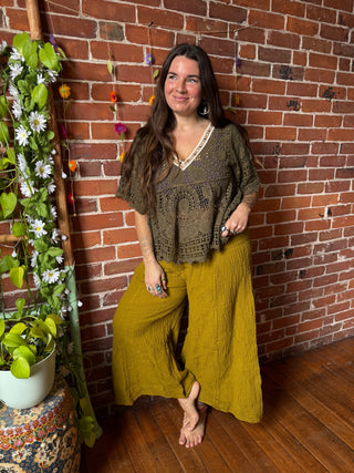 Sunspell Crochet Overlay Bell Sleeve Top - Multiple Colors Available