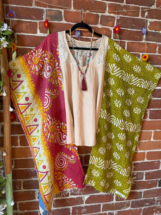 Upcycled Eyelet Detail Hi Lo Kantha Poncho Top