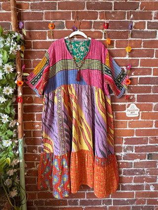 Coffee In The Morning Kantha Dress - Fits up to 3X - 100% Cotton- Fair Trade Made
