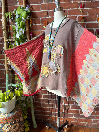 OOAK Spring Collection - Upcycled Flower Patchwork Kantha Poncho Top 🌼
