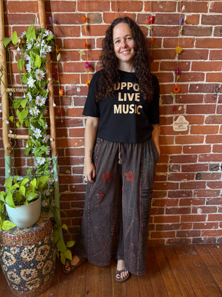 Embroidered Bohemian Spring Wide Leg Lounge Pants - Brown 100% Cotton - Fair Trade Made