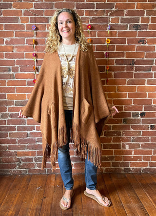 Earthy Mama Long Brown Fringe Poncho With Pockets