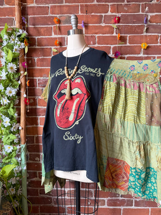 OOAK Summer Collection- Upcycled Rolling Stones Inspired Patchwork Poncho Top