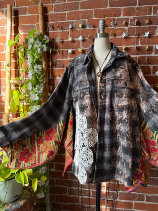 OOAK Winter Collection- Birdsong Kantha + Bleach Plaid Button Up Wing Style Poncho Jacket