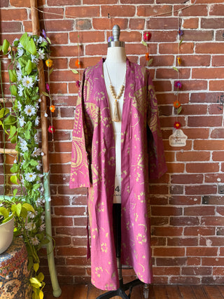 Maroon and Gold Mandala Long Tapestry Robe Kimono w/ Pockets + Belt - Fair Trade Made