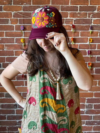Hand Embroidered Trucker Flower Hat - Maroon - Fair Trade Made
