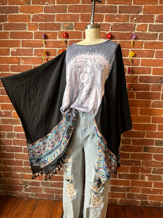 Stevie Nicks Inspired Black Tassel Embroidered Poncho