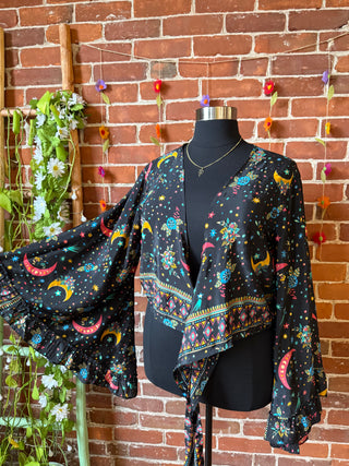 Black Sun, Moon + Stars Celestial Cropped Bell Sleeve Wrap Top