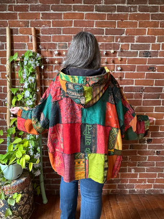 Oversized Juniper Fireside Patchwork Hoodie - Earthy Clay/Greens/Rust