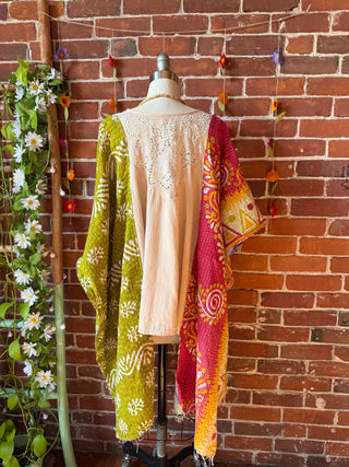 Upcycled Eyelet Detail Hi Lo Kantha Poncho Top