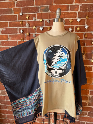 Upcycled Grateful Dead Inspired Navy Embroidered Poncho Tassel Top