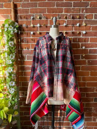 OOAK Winter Collection- Birdsong Rainbow Blanket + Bleach Plaid Button Up Wing Style Poncho Jacket