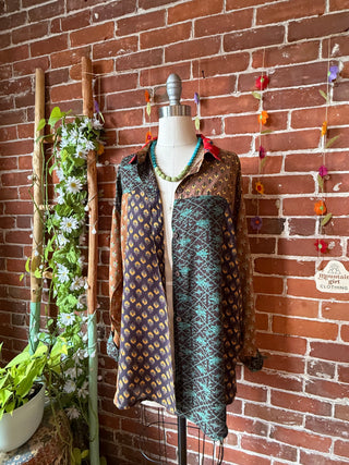 OOAK Autumn Collection- Size L/XL Upcycled Flowy Patchwork Guns N Roses Inspired Button Up Too