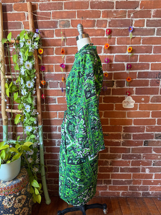 Grateful Dead Inspired Upcycled Green Mandala Long Tapestry Robe Kimono with Pockets and Belt