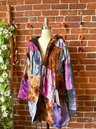 Autumn Stroll Tie Dye Fleece Lined Patchwork Hoodie Jacket