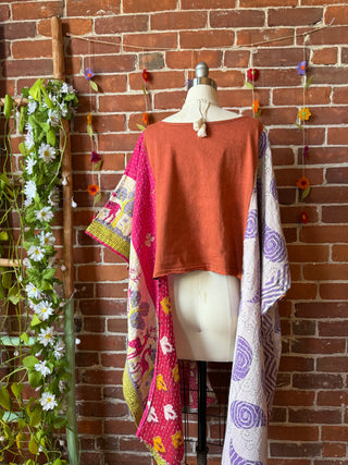 Upcycled Front Pockets Embroidered Butterfly Hi Lo Kantha Poncho Top