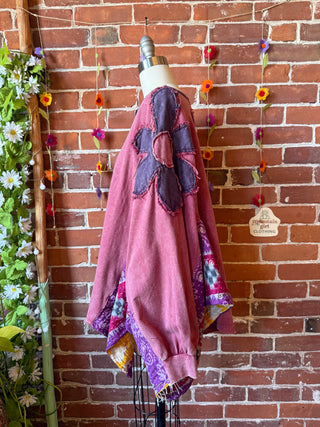 OOAK Spring Collection- Flower Patch Birdsong Kantha Wing Style Poncho Sweatshirt