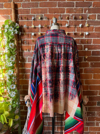 OOAK Winter Collection- Birdsong Rainbow Blanket + Bleach Plaid Button Up Wing Style Poncho Jacket