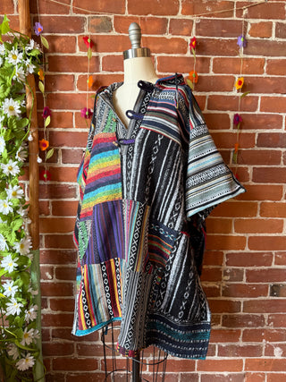 Rainbow/Black Brushed Woven 100% Cotton Hooded Poncho
