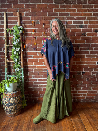 The Wandering Bloom Layer - Navy - Upcycled V-neck Embroidered Poncho